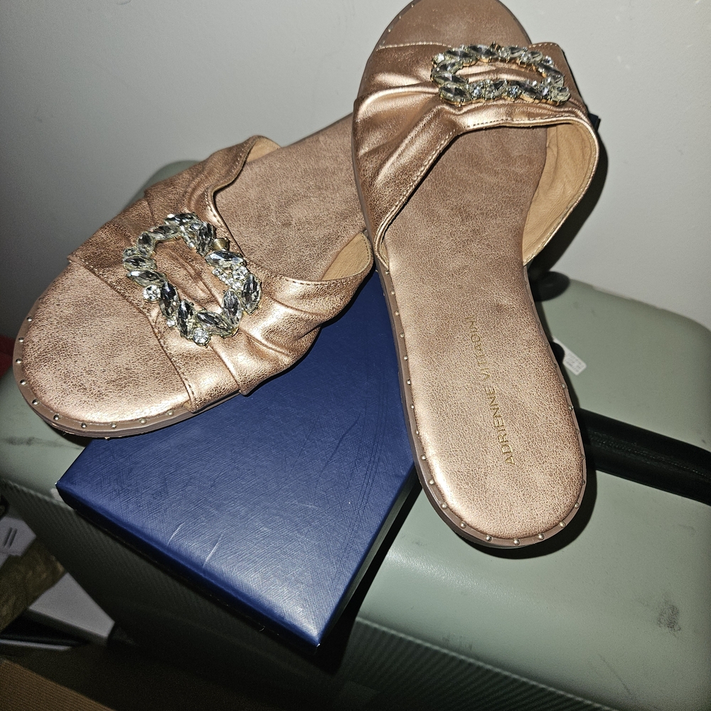 Adrienne Vittadini Women's Gold Slide Sandals